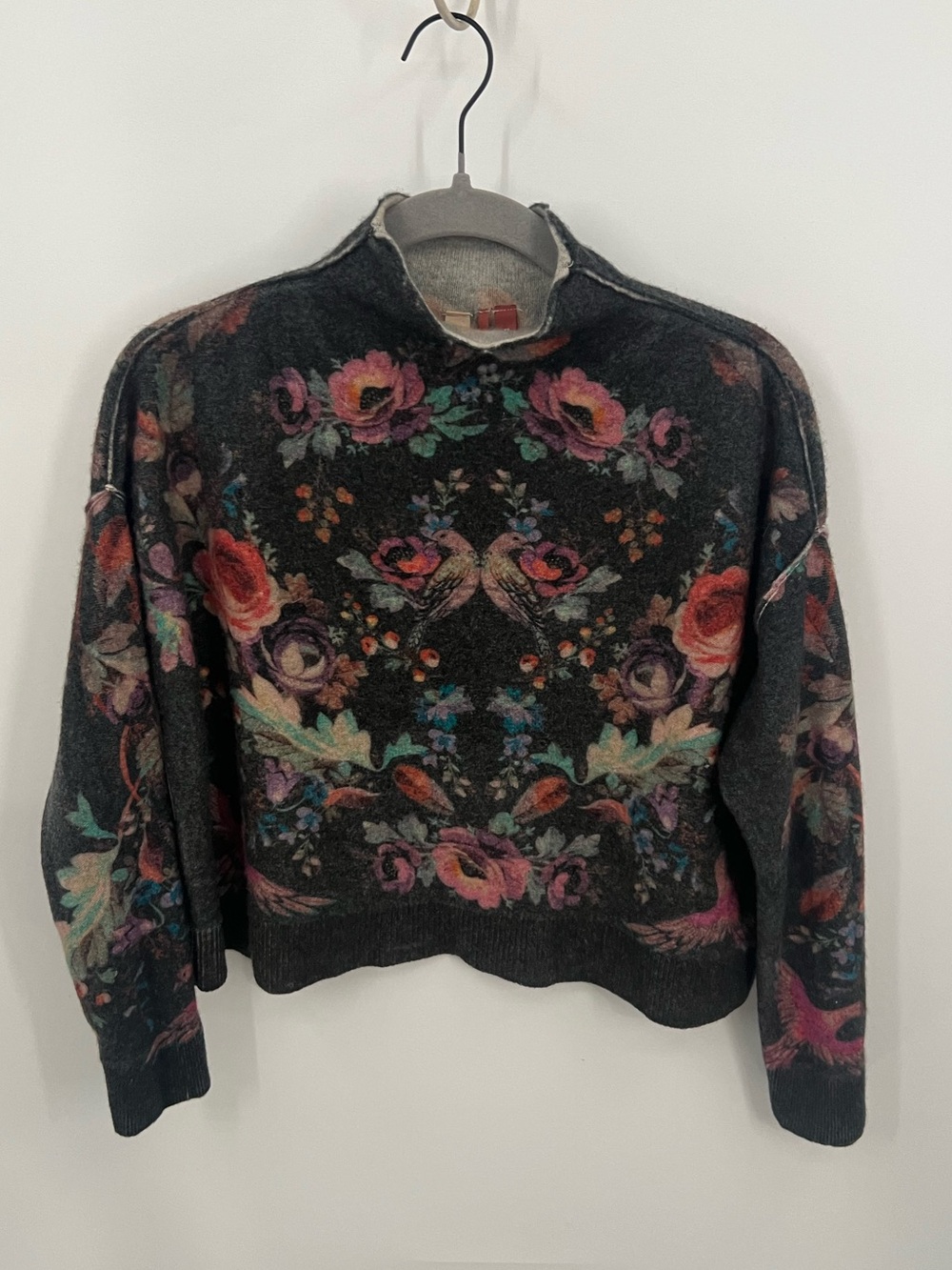 Pilcro Charcoal Mock neck Cashmere Sweater with Multicolor Floral & Bird Motif - Picture 2 of 9